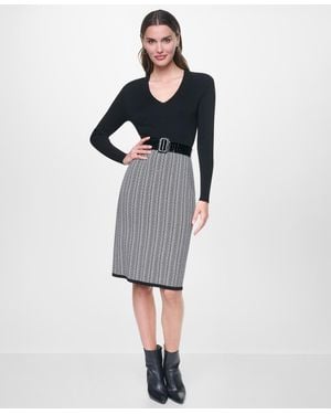 DKNY Long Sleeve V-neck Belted Sheath Sweater Dress - Multicolor