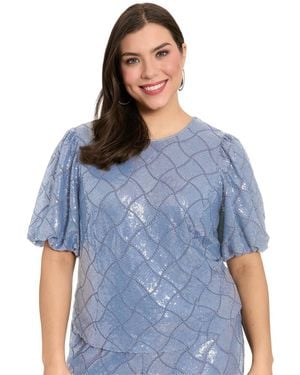 Muse Plus Size Jewel Neck Bubble-sleeve Top - Blue