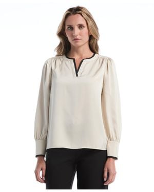 Rafaella Petite Long-sleeve Split-neck Satin Blouse - White