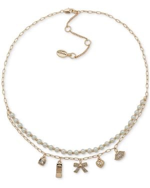 Clueless Gold-tone Crystal Charm & Imitation Pearl Beaded Layered Statement Necklace - Metallic