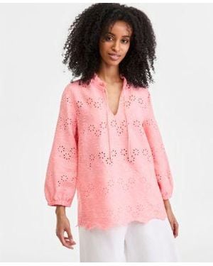 Charter Club 100 Linen Eyelet Embroidered Blouson Sleeve Top Macys Exclusive - Pink