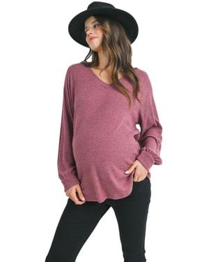 Hello Miss Maternity Ribbed Long Sleeve V Neck Sweater - Pink