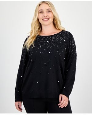 Anne Klein Plus Size Rhinestone Boat-neck Long-sleeve Sweater - Black
