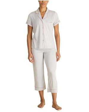 BCBGMAXAZRIA Short Sleeve Notch Collar Top And Capri Pants Pajamas 2-piece Set - White