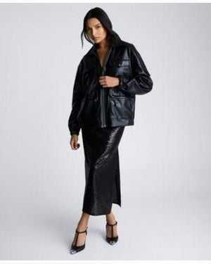 Kenneth Cole Faux Leather Shirt Collar Utility Bomber Jacket Cowl Neck Sequin Maxi Dress - Blue