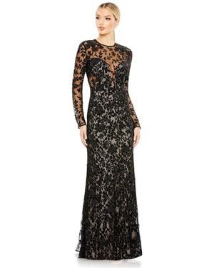 Mac Duggal Long Sleeve Floral Embellished Gown - Black