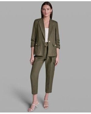 BCBGMAXAZRIA Scrunch Sleeve Peak Lapel Collar Jacket Tie Waist Utility Pants - Green