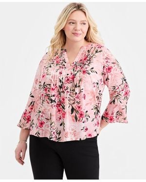 Style & Co. Plus Size Printed Pintuck-front 3/4-sleeve Top - Red
