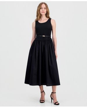 Anne Klein Petite Scoop Neck Drop Waist Midi Dress - Black