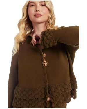 June + Vie Ruffled Peplum Cardigan Sweater - Brown
