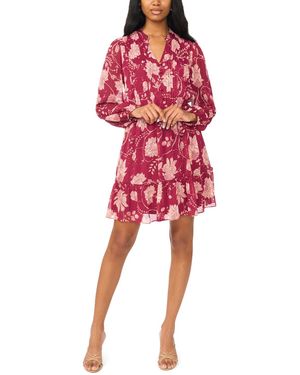 Msk Petite Belted Short-sleeve Chiffon Shirt Dress - Red