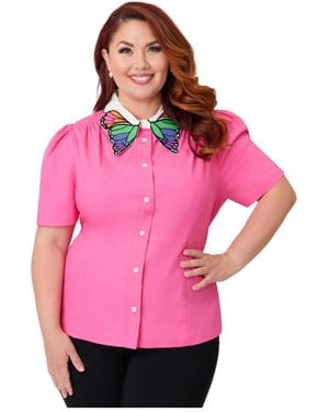 Unique Vintage Plus Size Blouse With Embroidered Collar - Pink