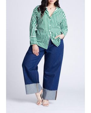Eloquii Striped Tie Back Button Up Top - Blue