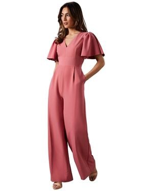 Coast Flutter Sleeve Plunge Jumpsuit - Red
