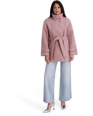 Kensie Belted Faux Boucle Wool Jacket With Stand Collar - Red