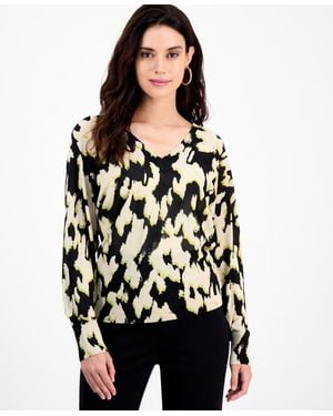 INC International Concepts Petite Printed Double-v-neck Long-sleeve Top - Black