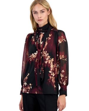 Anne Klein Long Sleeve Floral Bow Blouse - Red