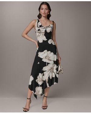 Donna Karan Sleeveless Floral Cowl Neck Asymmetrical Midi Dress - Multicolor