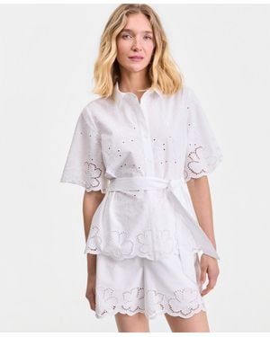 INC International Concepts Cotton Eyelet Tie-waist Blouse - White
