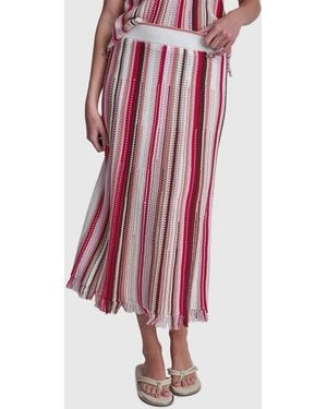 DKNY Pointelle Stitch Striped Midi Skirt - Red