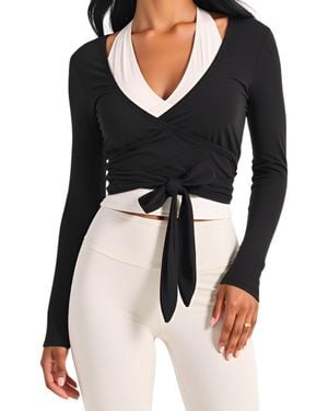 Modenaire Wrap Front Long Sleeve Tie-waist Crop Top - Black