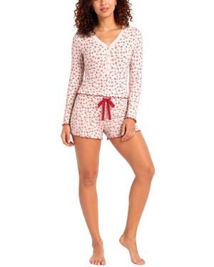 Roudelain Wonderluxe Long-sleeve V-neck Top And Shorts - Red