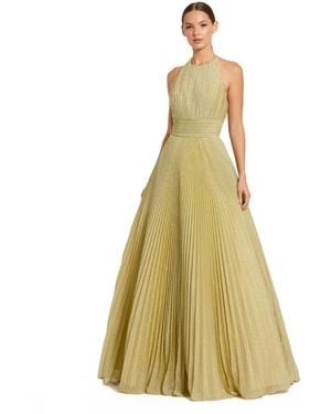 Mac Duggal Shimmering Pleated Georgette High Neck Gown - Metallic