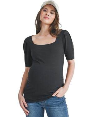 Hello Miss Ribbed Puff Sleeve Square Neck Top - Black