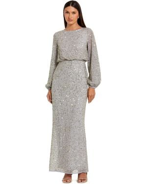 Mac Duggal Beaded Mesh Blouson Sleeve Evening Gown - Gray