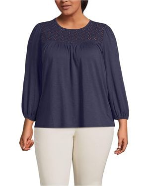Lands' End Plus Size 3/4 Sleeve Eyelet Mix Flowy Top - Blue