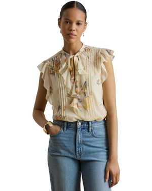 Ralph Lauren Floral Pintucked Band Collar Tie-neck Blouse - Blue