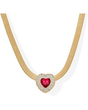Macy's Simulated Ruby And Cubic Zirconia Baguette Heart On Herringbone 18'' Necklace - Metallic