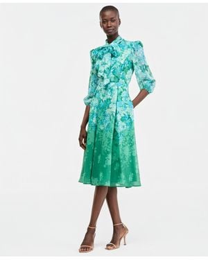 Tahari Tie-neck Puffed-shoulder Dress - Green