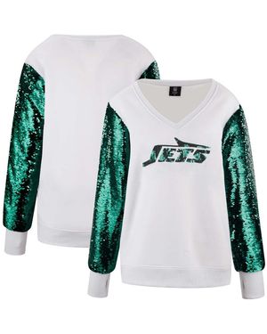 Cuce White/green New York Jets Sequin Sleeve V-neck Pullover Sweatshirt