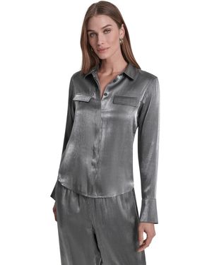 DKNY East River Shine Long Sleeve Button Up Satin Blouse - Gray
