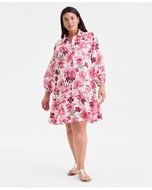 Charter Club Plus Size Linen Floral-print Flounce Shirtdress - Red