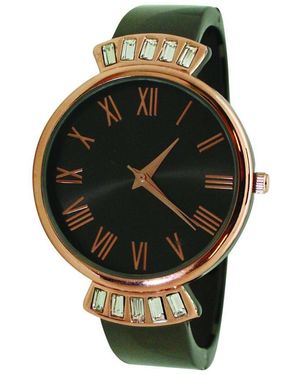 Olivia Pratt Gunmetal Rose Gold Elegant Emerald Rhinestone Solid Metal Bangle Watch - Green