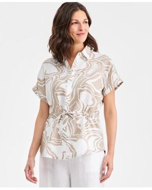 Charter Club 100% Linen Printed Drawstring-waist Top - White