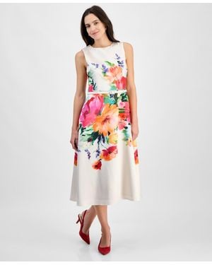 Julia Jordan Floral-print Belted Sleeveless Midi Dress - Red