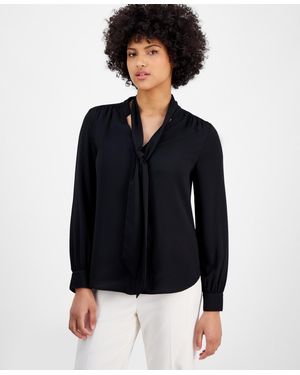 BarIII Tie-neck Long-sleeve Blouse - Black