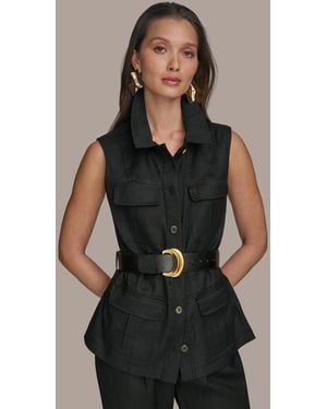 Donna Karan Belted Linen-blend Utility Vest - Black