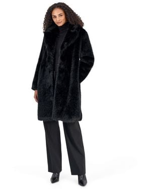 Anne Klein Petite Notched-collar Mid-length Faux Fur Coat - Black