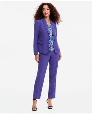 Kasper Notch Collar Button Front Jacket Printed Funnel Neck Extended Shoulder Top Ava Mid Rise Straight Leg Crepe Pants - Blue