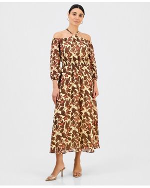 INC International Concepts Petite Printed Halter Smock-waist Maxi Dress - Metallic