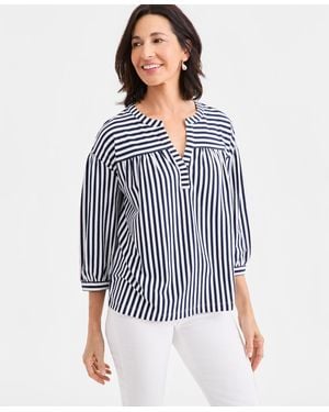Style & Co. Printed 3/4 Sleeve Split-neck Top - Blue