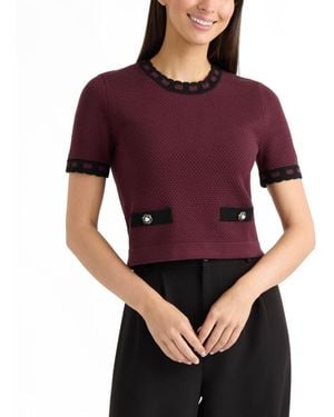 Ellen Tracy Honeycomb-stitch Contrast-trim Short-sleeve Sweater - Purple