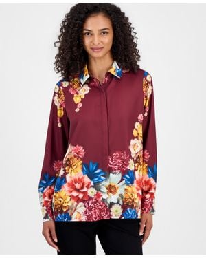 Tahari Floral Button-front Tunic Blouse - Red