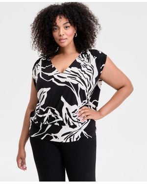 INC International Concepts Plus Size Printed V-neck Top - Black