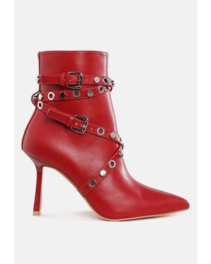 LONDON RAG Jaunts Eyelets & Studs Harness Ankle Boots - Red