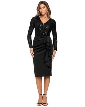 Xscape Long-sleeve Sequin V-neck Midi Dress - Black